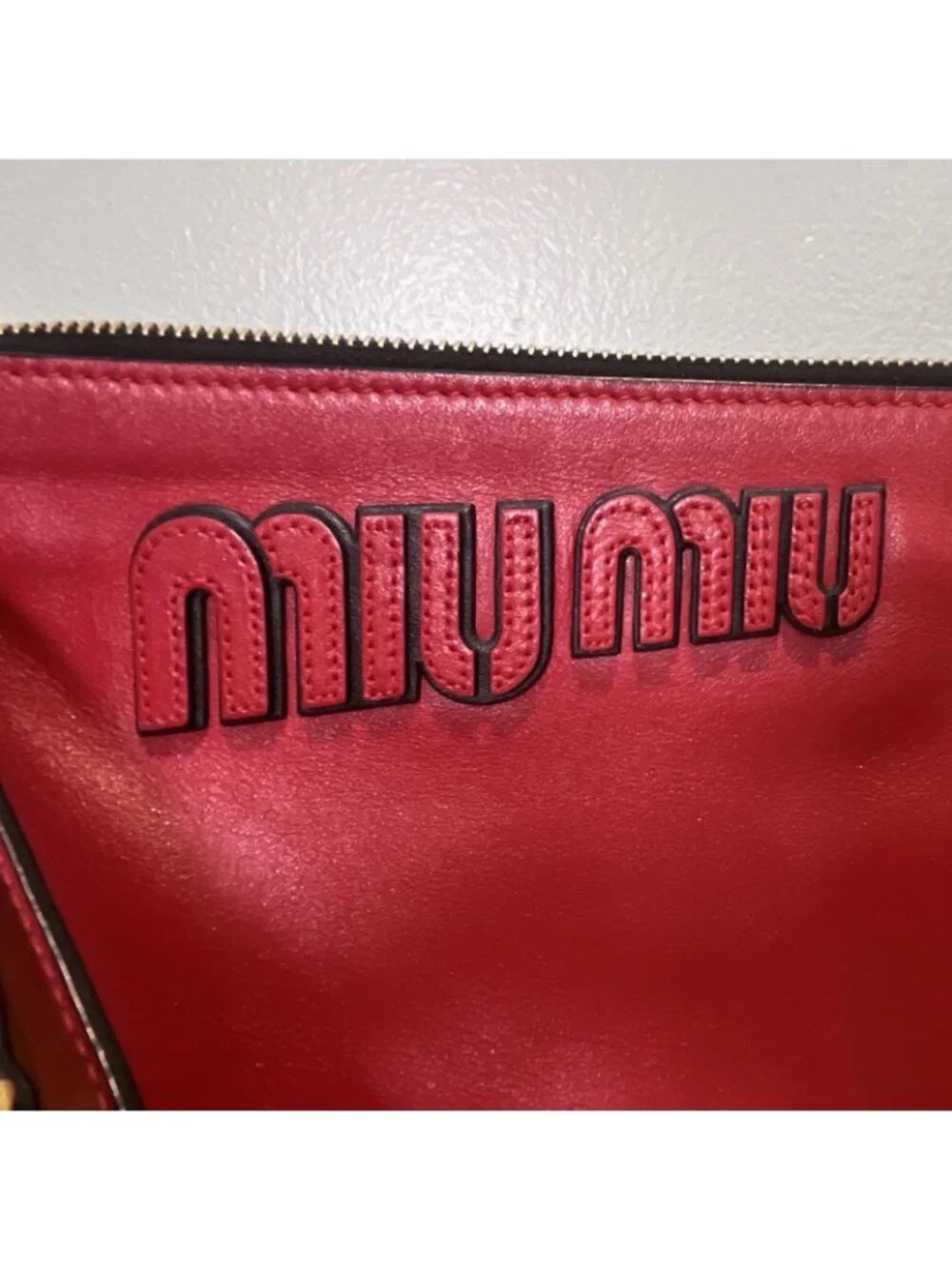 Miu Miu Red Logo Zip Wristlet Clutch Pouch w/ Wrist Strap Gold Hardware